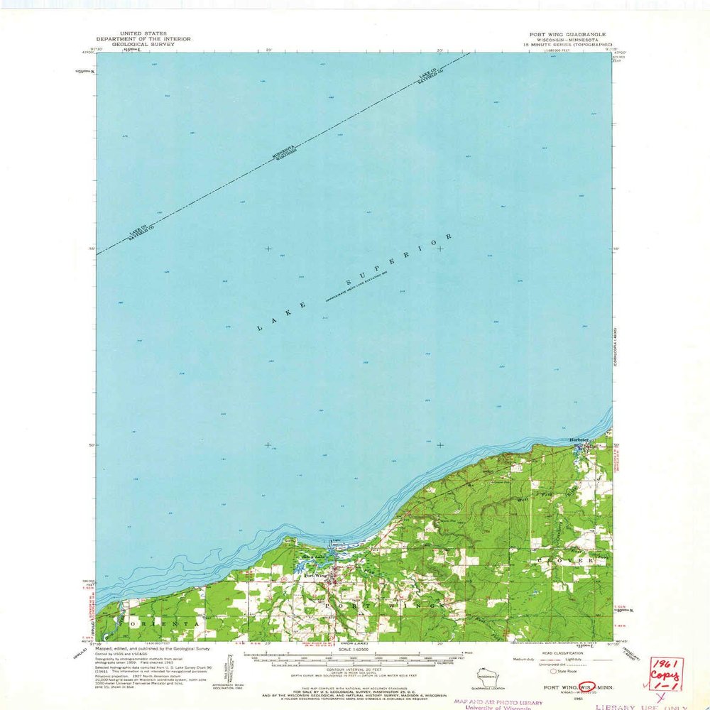YellowMaps Port Wing WI topo map, 1:62500 Scale, 15 X 15 Minute, Historical, 1961, Updated 1963, 21.11 x 16.51 in - Polypropylene