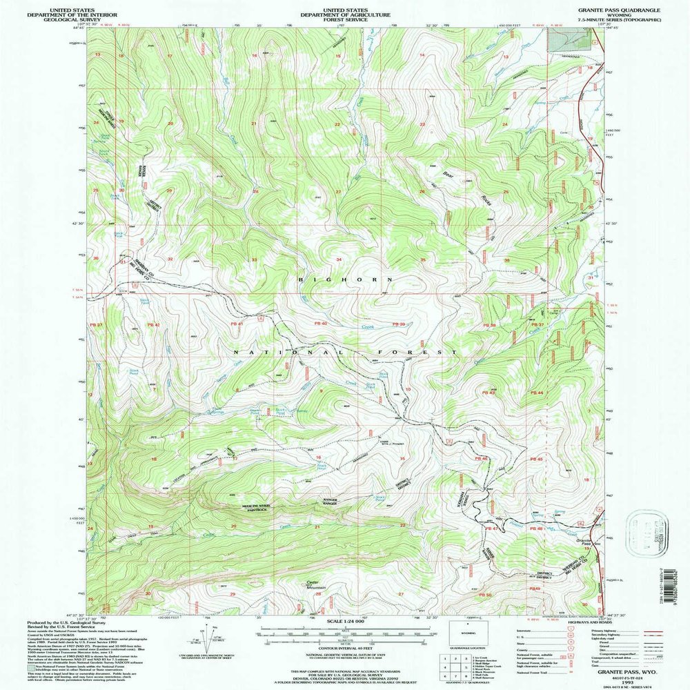 YellowMaps Granite Pass WY topo map, 1:24000 Scale, 7.5 X 7.5 Minute, Historical, 1993, Updated 1997, 26.8 x 21.7 in - Polypropylene
