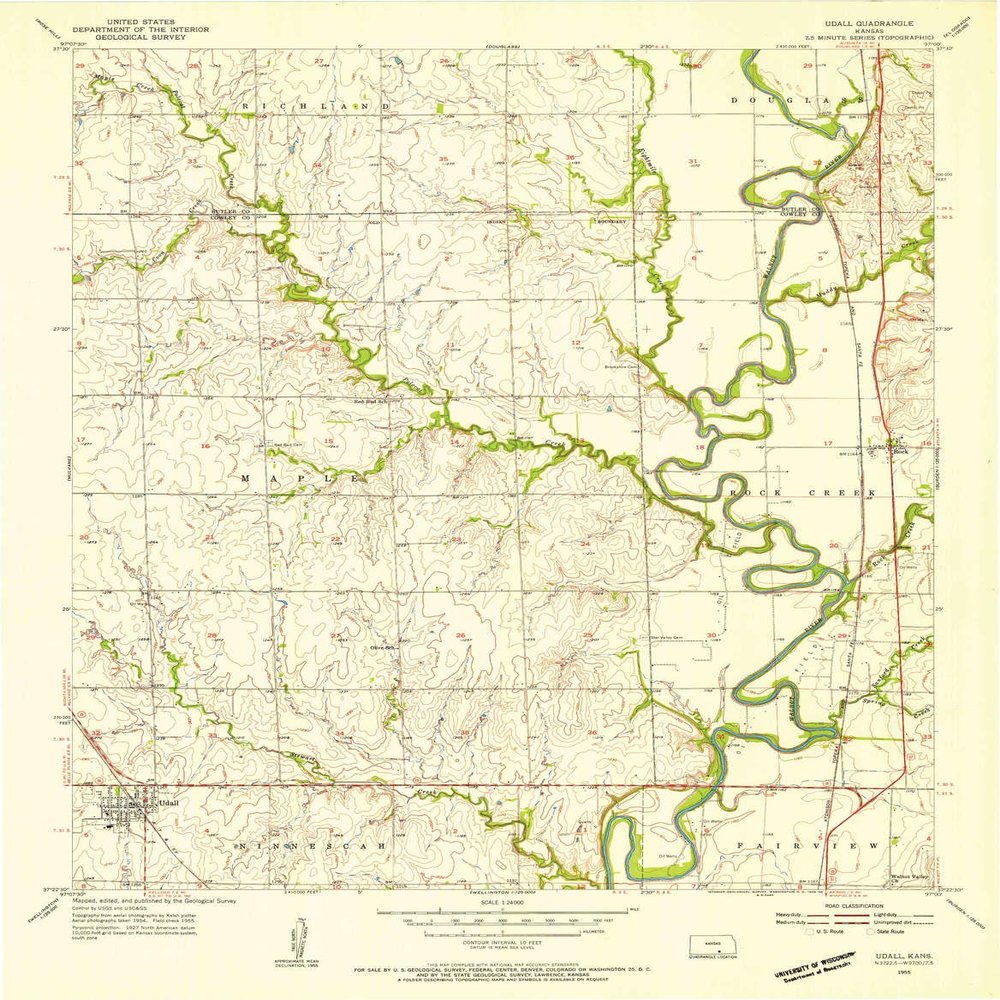 YellowMaps Udall KS topo map, 1:24000 Scale, 7.5 X 7.5 Minute, Historical, 1955, Updated 1956, 27.07 x 21.07 in - Tyvek