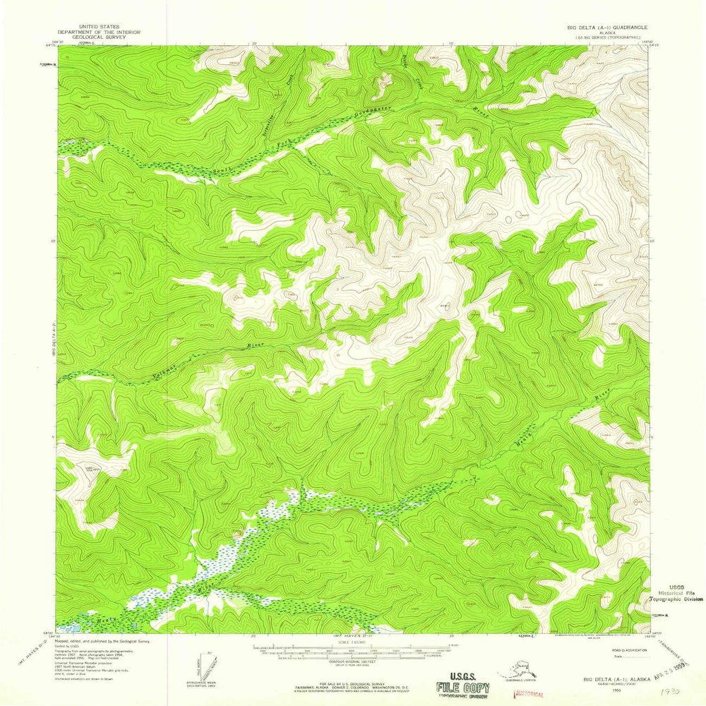 YellowMaps Big Delta A 1 AK topo map, 1:63360 Scale, 15 X 15 Minute, Historical, 1955, Updated 1959, 20.8 x 18 in - Tyvek