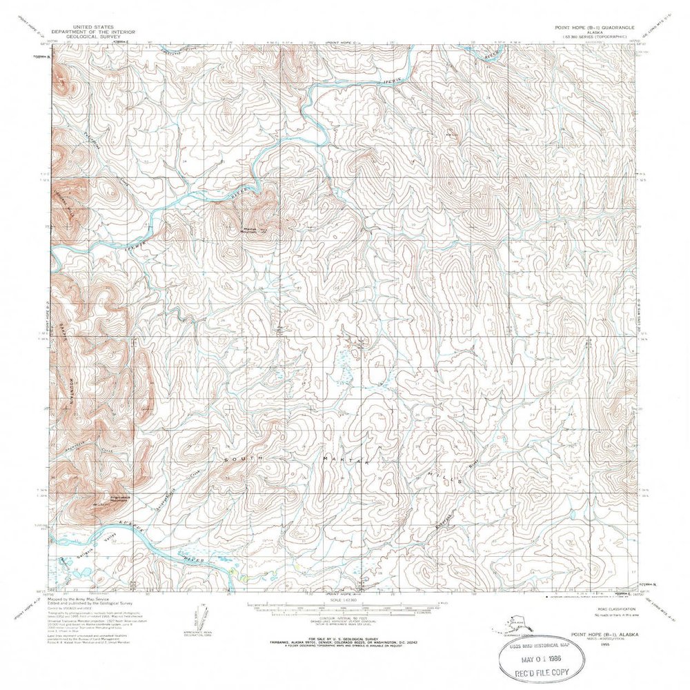 YellowMaps Point Hope B 1 AK topo map, 1:63360 Scale, 15 X 15 Minute, Historical, 1955, Updated 1986, 21.8 x 18.1 in - Polypropylene