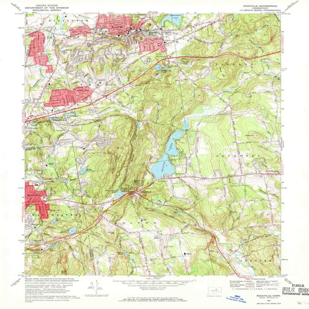 YellowMaps Rockville CT topo map, 1:24000 Scale, 7.5 X 7.5 Minute, Historical, 1967, Updated 1969, 26.9 x 20.6 in - Tyvek