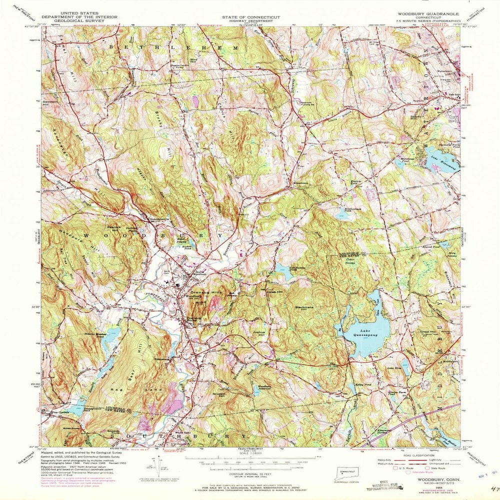 YellowMaps Woodbury CT topo map, 1:24000 Scale, 7.5 X 7.5 Minute, Historical, 1955, Updated 1972, 27.1 x 20.4 in - Polypropylene