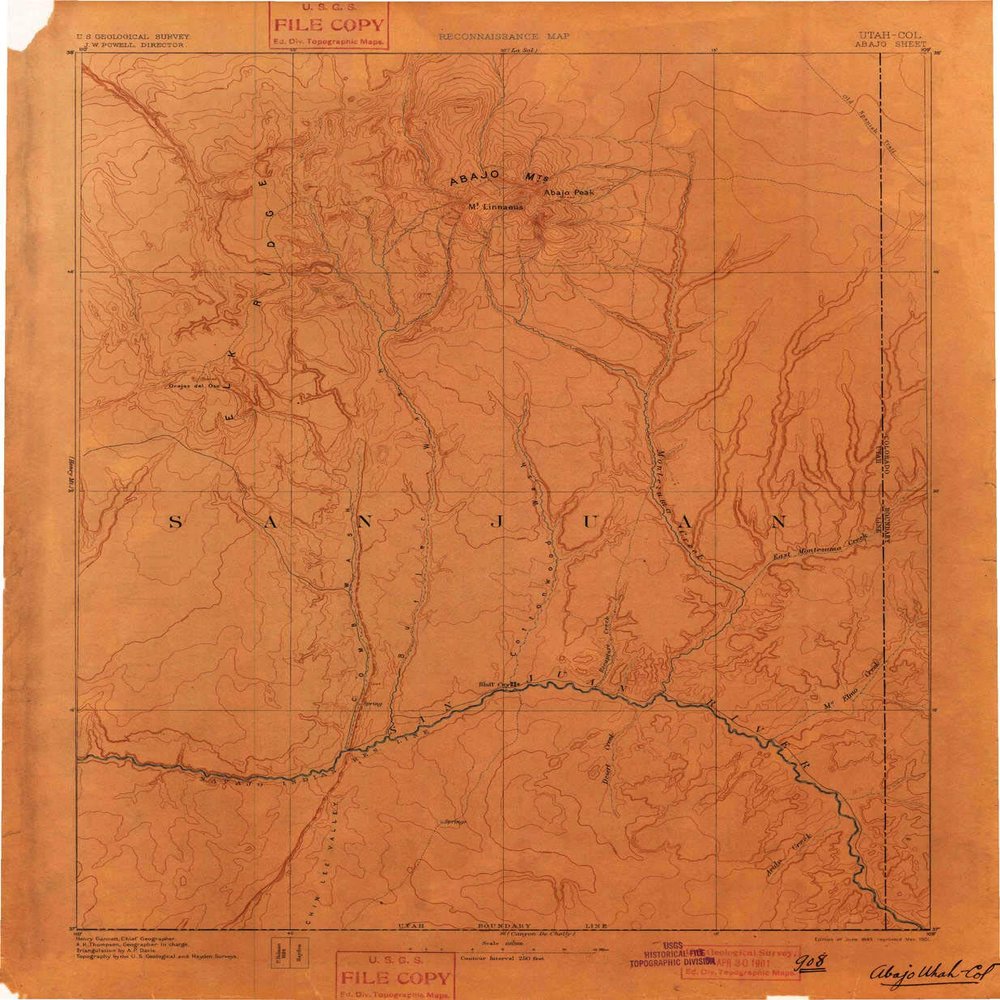 YellowMaps Abajo CO topo map, 1:250000 Scale, 1 X 1 Degree, Historical, 1893, Updated 1901, 19.9 x 16.4 in - Tyvek