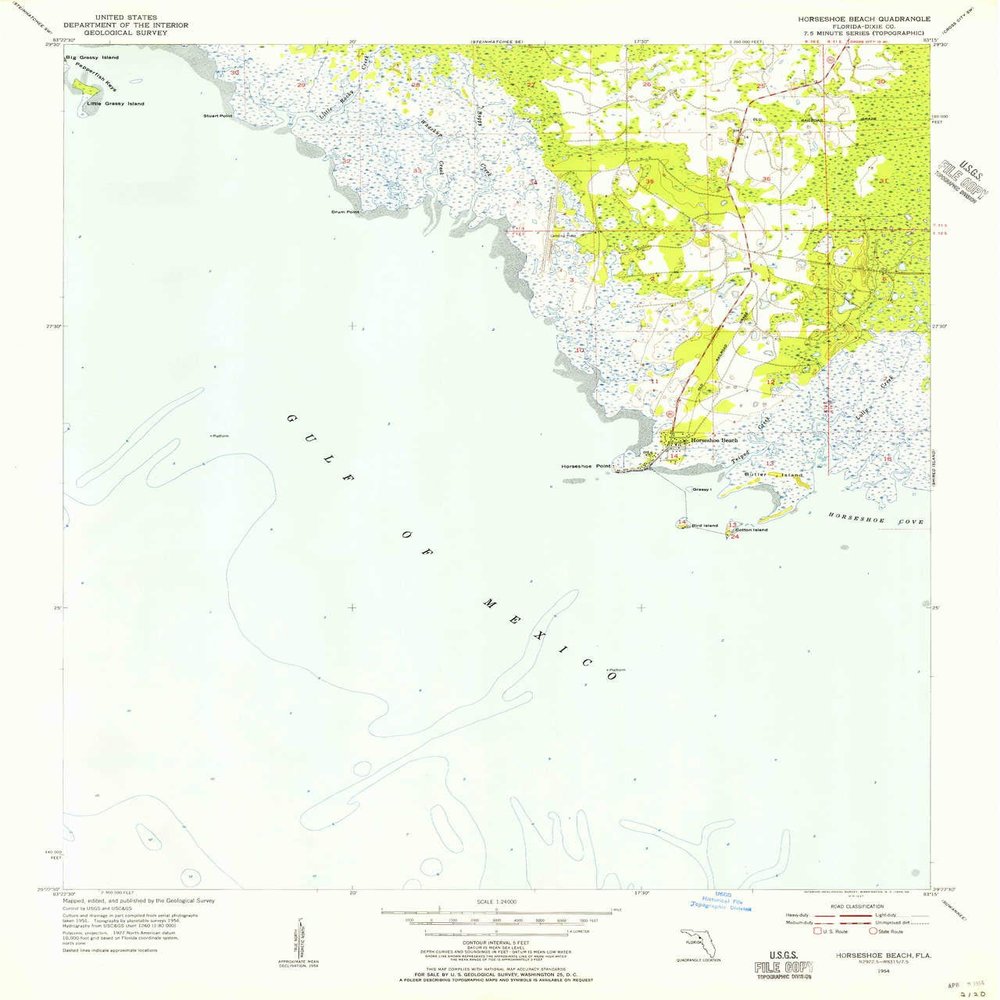 YellowMaps Horseshoe Beach FL topo map, 1:24000 Scale, 7.5 X 7.5 Minute, Historical, 1954, Updated 1956, 26.9 x 22.9 in - Polypropylene