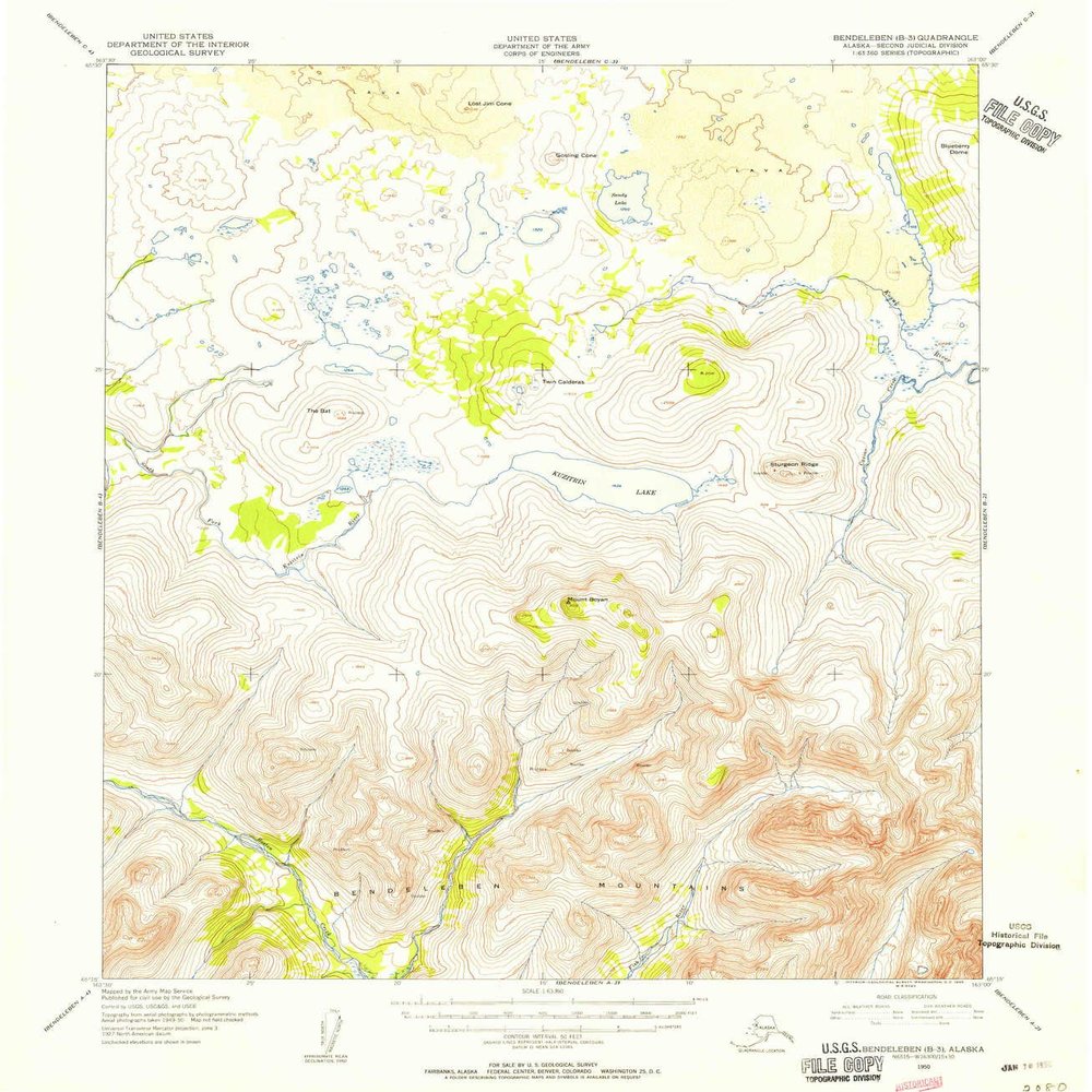 YellowMaps Bendeleben B 3 AK topo map, 1:63360 Scale, 15 X 15 Minute, Historical, 1950, Updated 1955, 20.7 x 18 in - Tyvek