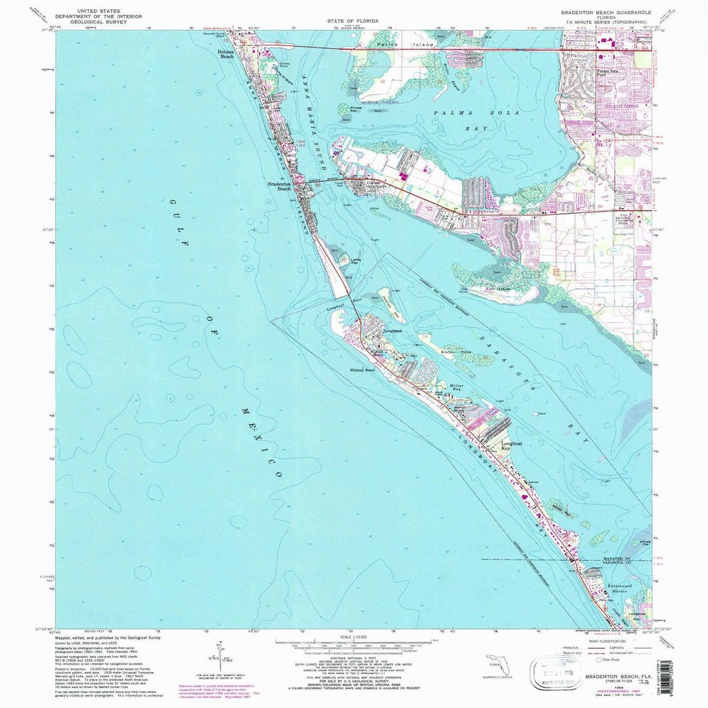 YellowMaps Bradenton Beach FL topo map, 1:24000 Scale, 7.5 X 7.5 Minute, Historical, 1964, Updated 1987, 26.9 x 24.1 in - Tyvek