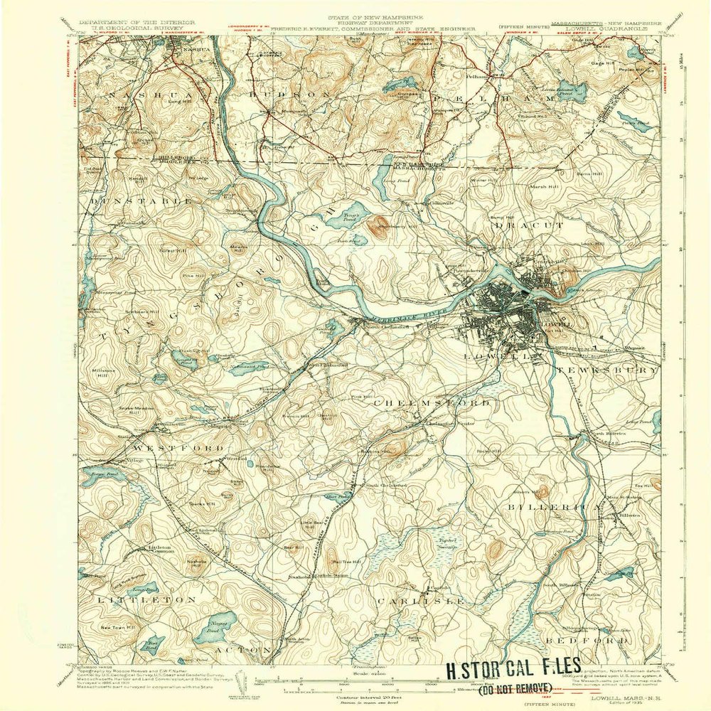 Lowell MA topo map, 1:62500 Scale, 15 X 15 Minute, Historical, 1935, 19.8 x 15.8 in - Polypropylene
