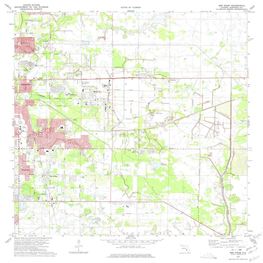 YellowMaps Bee Ridge FL topo map, 1:24000 Scale, 7.5 X 7.5 Minute, Historical, 1973, Updated 1975, 26.8 x 22.9 in - Tyvek