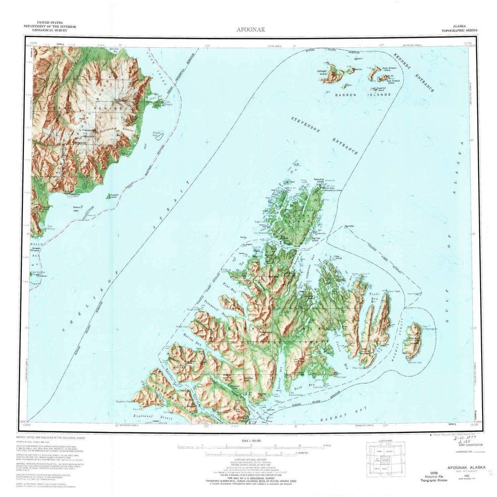YellowMaps Afognak AK topo map, 1:250000 Scale, 1 X 2 Degree, Historical, 1952, Updated 1976, 23.2 x 25.9 in - Tyvek