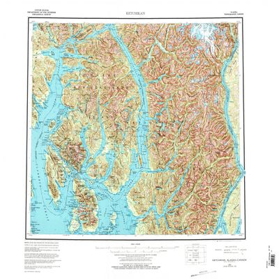 YellowMaps Ketchikan AK topo map, 1:250000 Scale, 1 X 2 Degree, Historical, 1955, Updated 1977, 23.2 x 26.7 in - Polypropylene