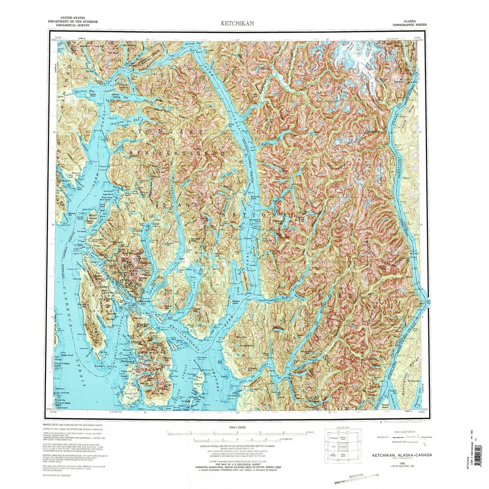 YellowMaps Ketchikan AK topo map, 1:250000 Scale, 1 X 2 Degree, Historical, 1955, Updated 1977, 23.2 x 26.7 in - Polypropylene
