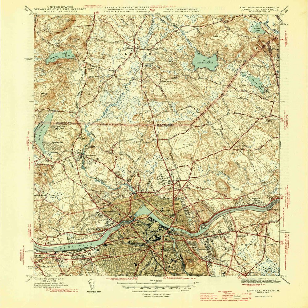 Lowell MA topo map, 1:31680 Scale, 7.5 X 7.5 Minute, Historical, 1946, 20.4 x 16 in - Tyvek