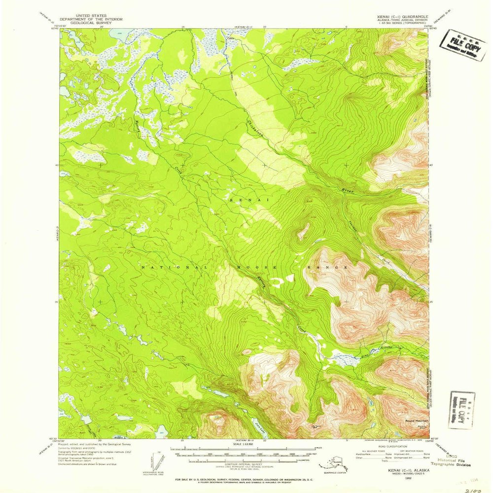 YellowMaps Kenai C 1 AK topo map, 1:63360 Scale, 15 X 15 Minute, Historical, 1952, Updated 1954, 20.8 x 17 in - Polypropylene