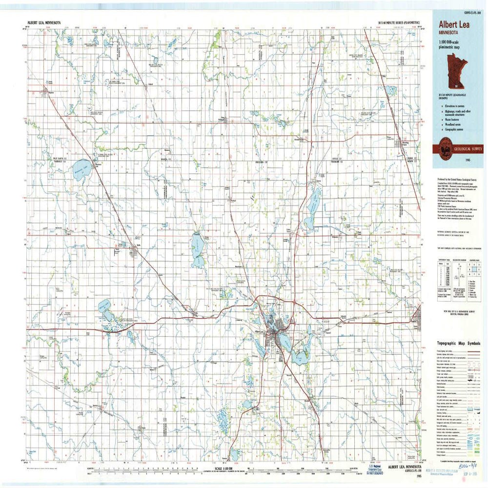 YellowMaps Albert Lea MN topo map, 1:100000 Scale, 30 X 60 Minute, Historical, 1985, Updated 1985, 27.23 x 21.53 in - Tyvek