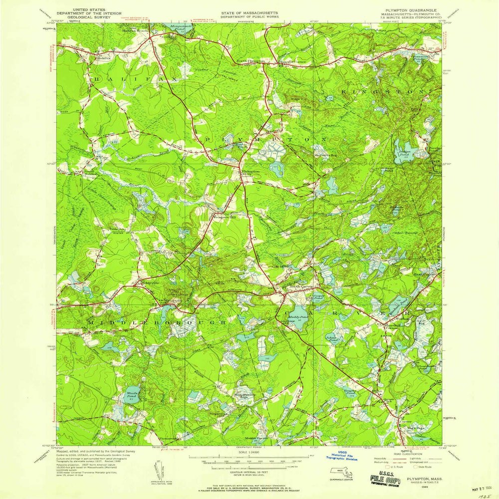 YellowMaps Plympton MA topo map, 1:24000 Scale, 7.5 X 7.5 Minute, Historical, 1949, Updated 1958, 26.9 x 22 in - Polypropylene
