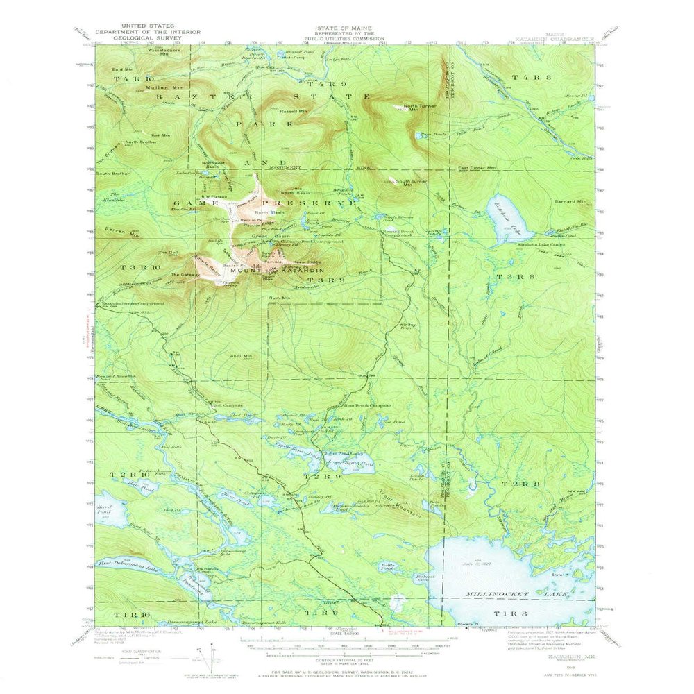 YellowMaps Katahdin ME topo map, 1:62500 Scale, 15 X 15 Minute, Historical, 1949, Updated 1967, 20.9 x 17 in - Polypropylene