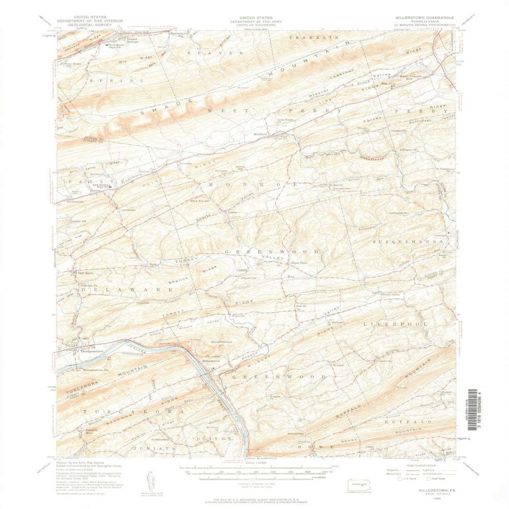 YellowMaps Millerstown PA topo map, 1:62500 Scale, 15 X 15 Minute, Historical, 1955, Updated 1957, 20.9 x 17 in - Polypropylene