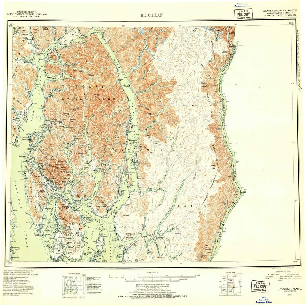 YellowMaps Ketchikan AK topo map, 1:250000 Scale, 1 X 2 Degree, Historical, 1952, Updated 1953, 22.8 x 27 in - Tyvek