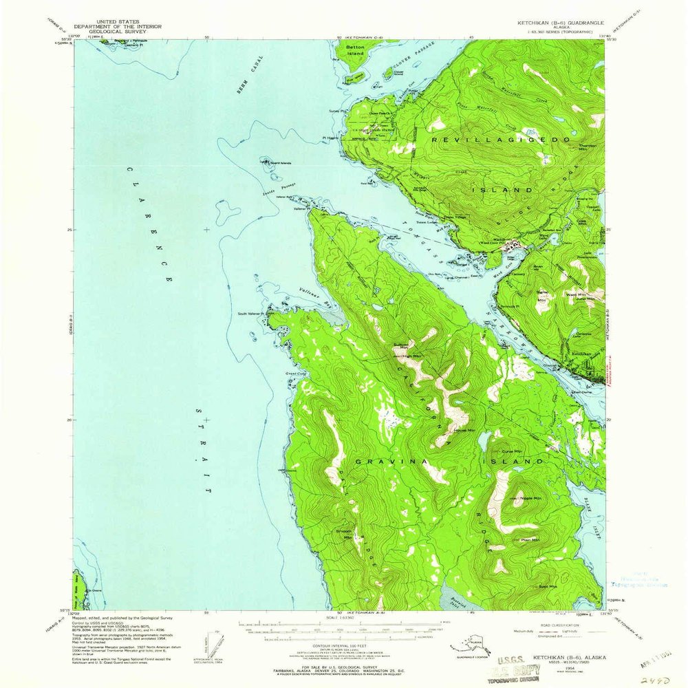 YellowMaps Ketchikan B 6 AK topo map, 1:63360 Scale, 15 X 15 Minute, Historical, 1954, Updated 1960, 20.8 x 17 in - Polypropylene