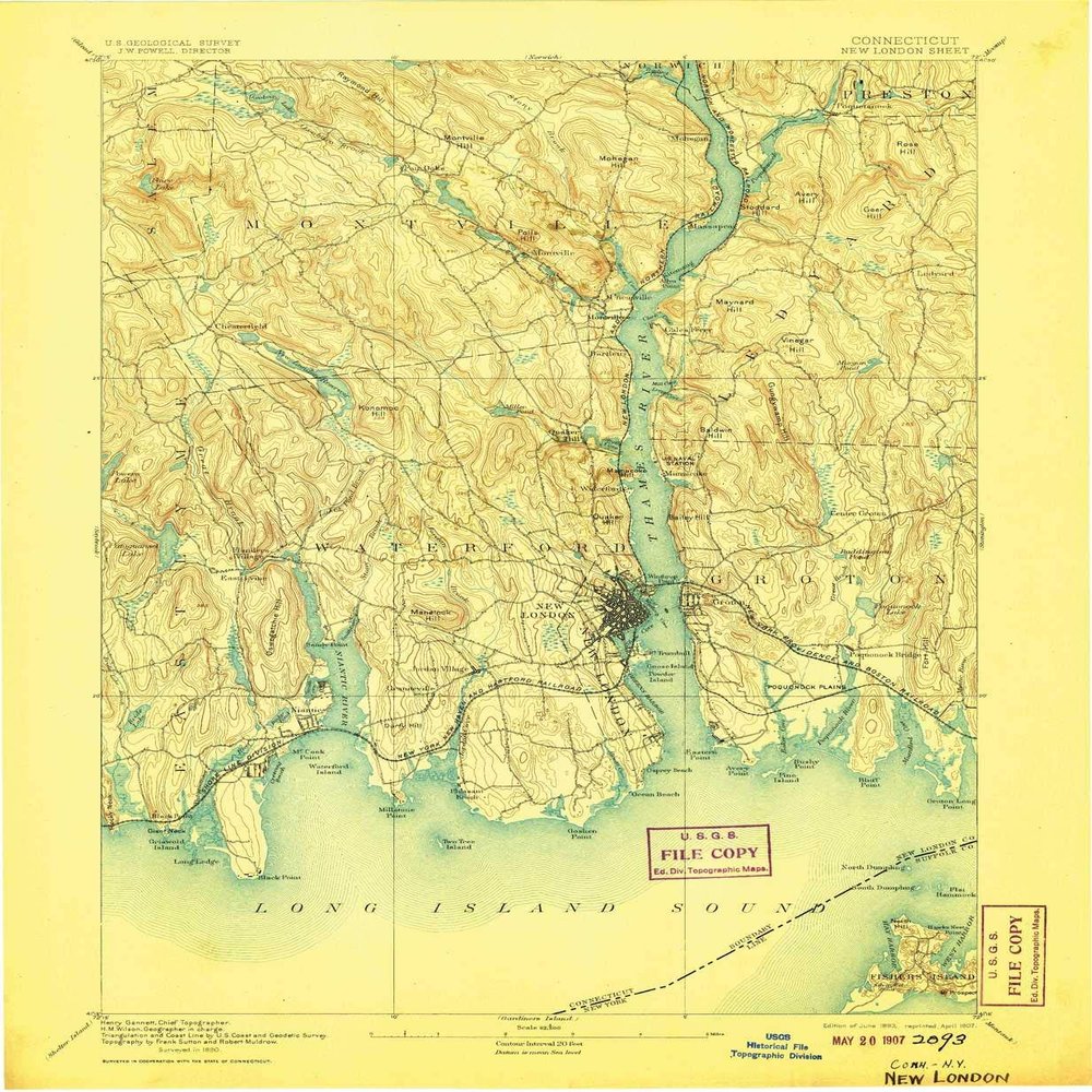 YellowMaps New London CT topo map, 1:62500 Scale, 15 X 15 Minute, Historical, 1893, Updated 1907, 20 x 16.4 in - Tyvek