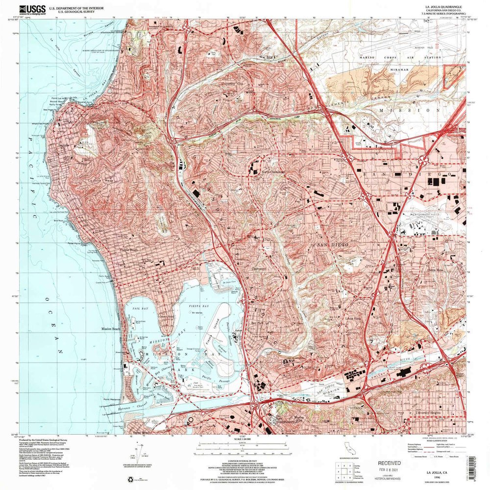 YellowMaps La Jolla CA topo map, 1:24000 Scale, 7.5 X 7.5 Minute, Historical, 1996, Updated 2000, 26.8 x 28.1 in - Tyvek