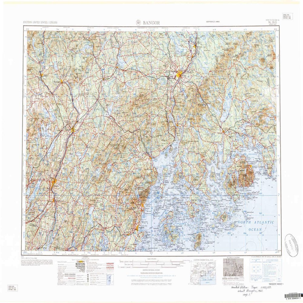 YellowMaps Bangor ME topo map, 1:250000 Scale, 1 X 2 Degree, Historical, 1960, Updated 1960, 24.12 x 30.32 in - Polypropylene