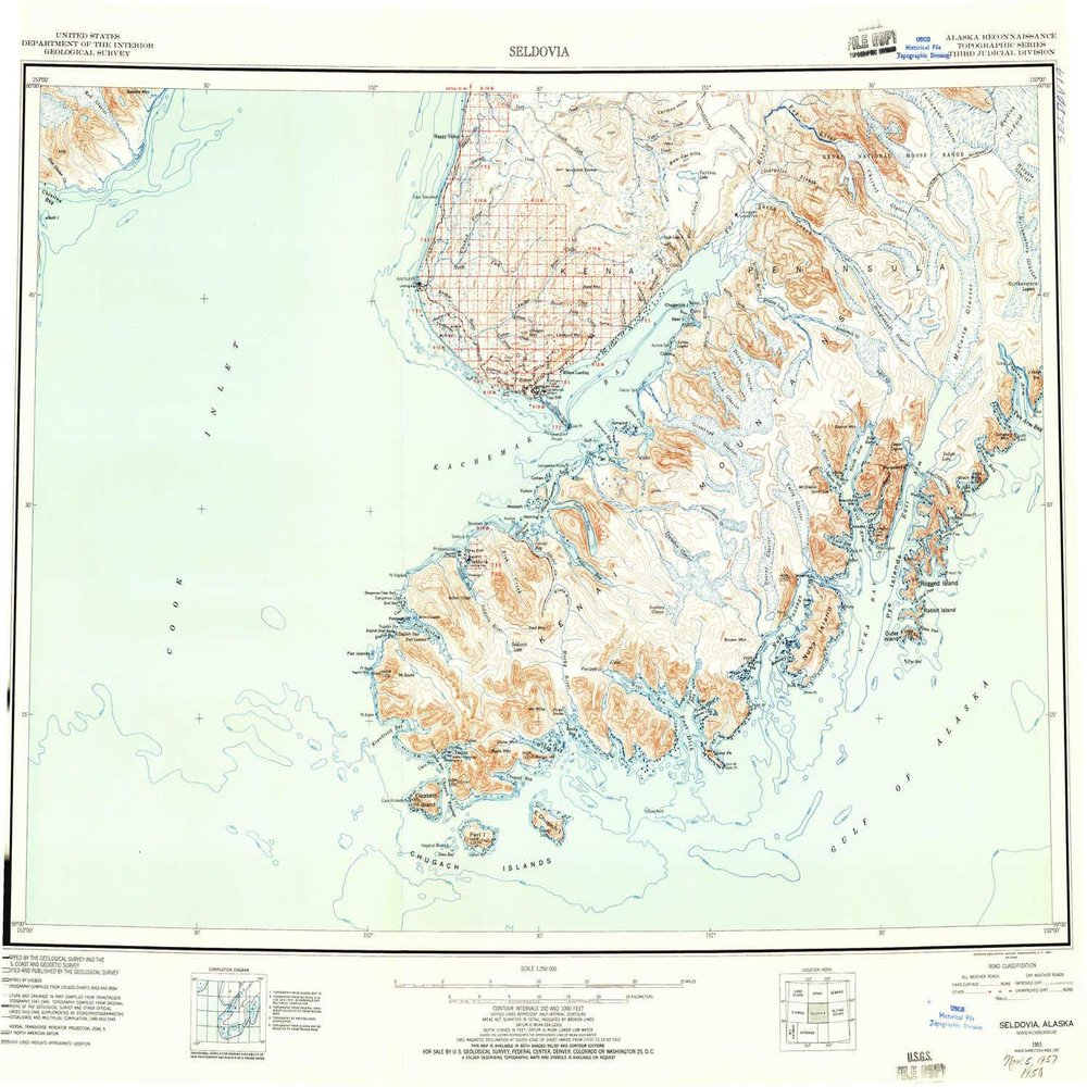 Seldovia AK topo map, 1:250000 Scale, 1 X 3 Degree, Historical, 1951, Updated 1957, 22.7 x 28.7 in - Tyvek
