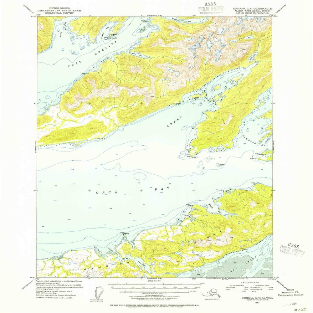 YellowMaps Cordova C 6 AK topo map, 1:63360 Scale, 15 X 15 Minute, Historical, 1953, Updated 1954, 20.8 x 17 in - Polypropylene