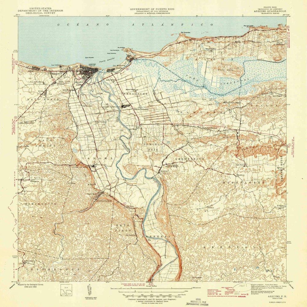 YellowMaps Arecibo PR topo map, 1:30000 Scale, 7.5 X 7.5 Minute, Historical, 1946, 21 x 19.8 in - Tyvek
