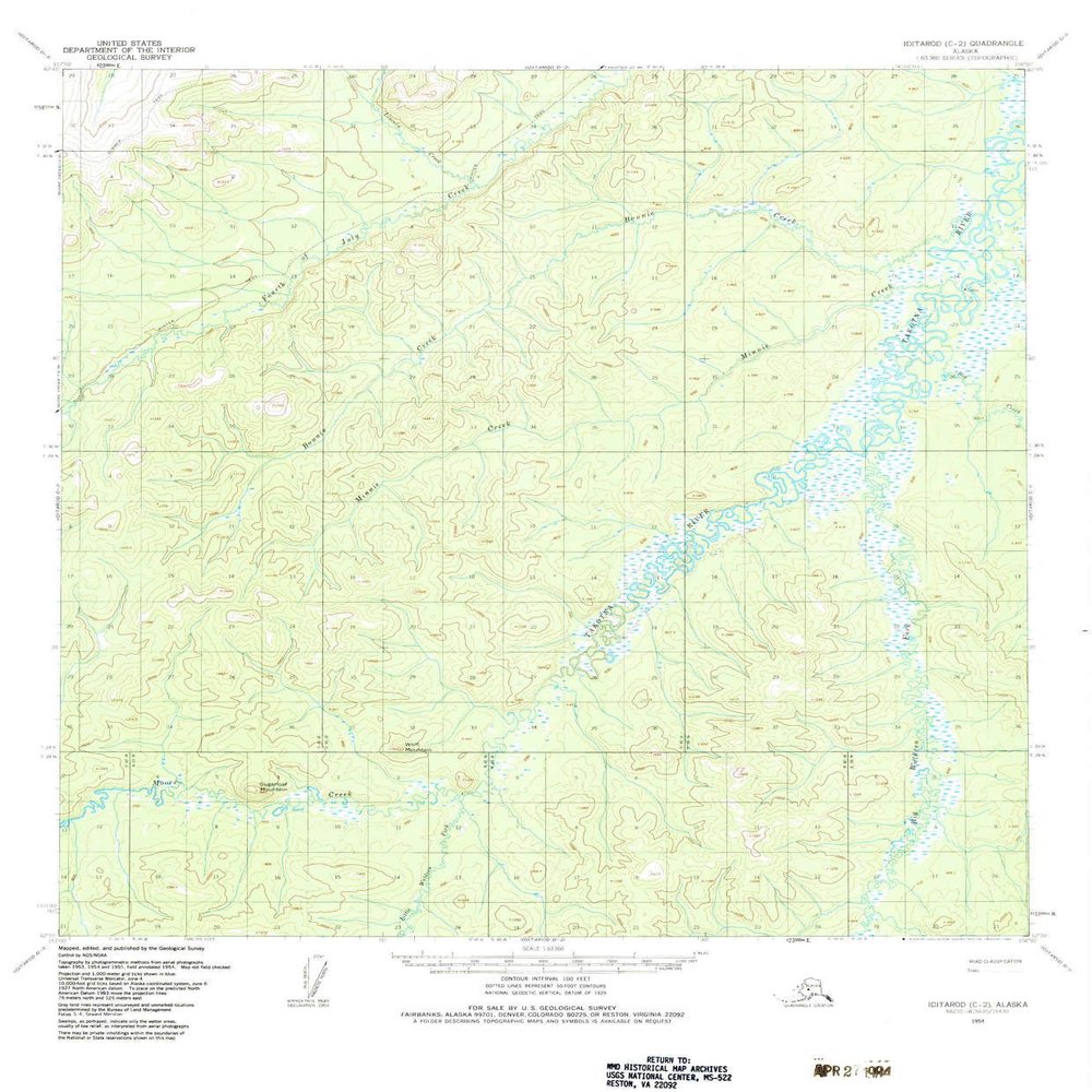 YellowMaps Iditarod C 2 AK topo map, 1:63360 Scale, 15 X 15 Minute, Historical, 1954, Updated 1983, 21.8 x 18 in - Tyvek