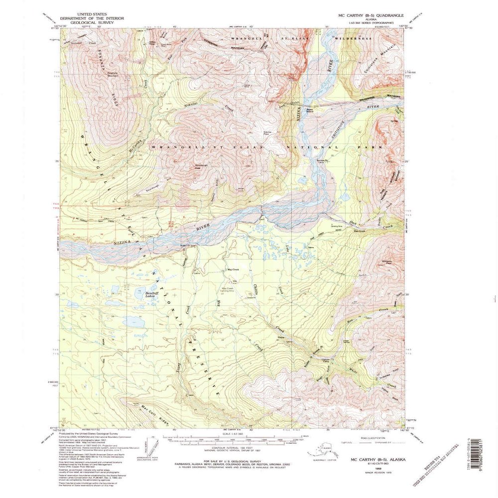 YellowMaps McCarthy B 5 AK topo map, 1:63360 Scale, 15 X 15 Minute, Historical, 1959, Updated 1992, 21.5 x 18 in - Polypropylene