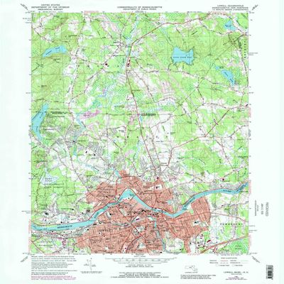 Lowell MA topo map, 1:24000 Scale, 7.5 X 7.5 Minute, Historical, 1966, Updated 1989, 26.9 x 22 in - Polypropylene