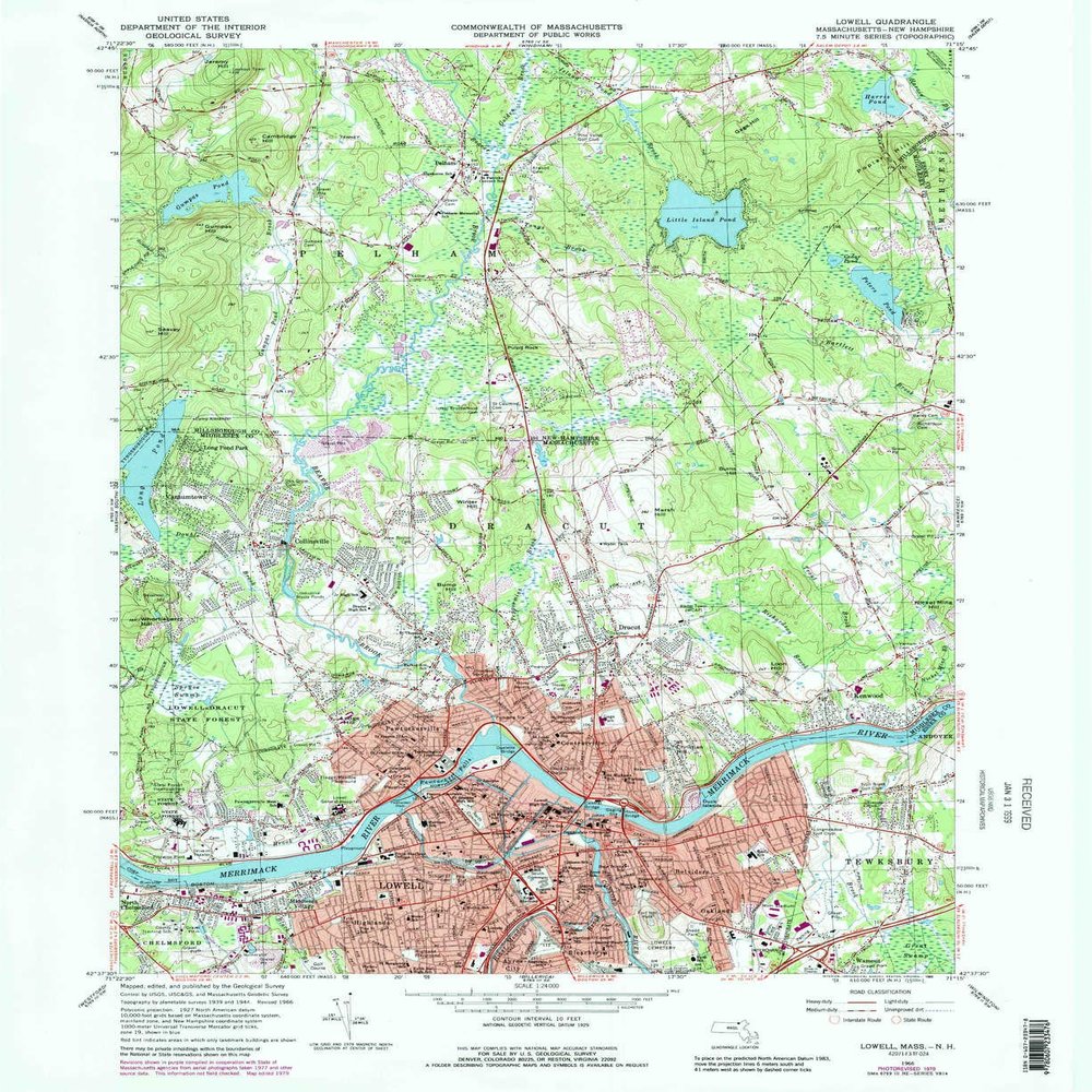 Lowell MA topo map, 1:24000 Scale, 7.5 X 7.5 Minute, Historical, 1966, Updated 1989, 26.9 x 22 in - Polypropylene