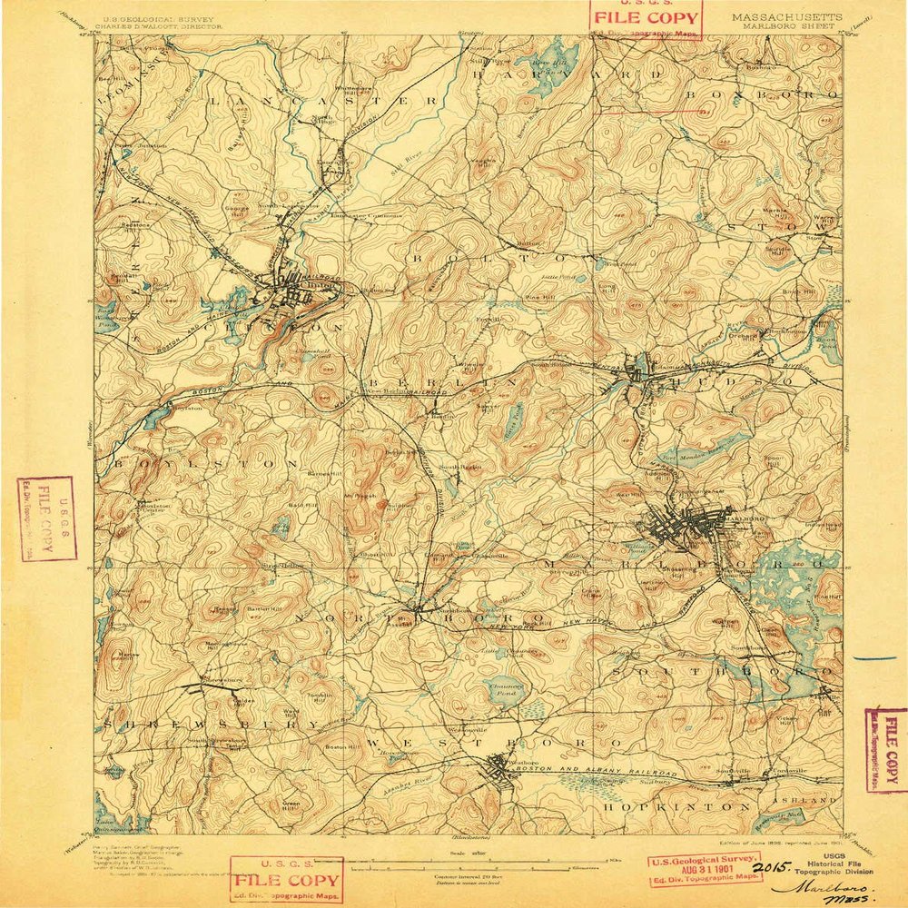 YellowMaps Marlboro MA topo map, 1:62500 Scale, 15 X 15 Minute, Historical, 1898, Updated 1901, 19.9 x 15.8 in - Polypropylene