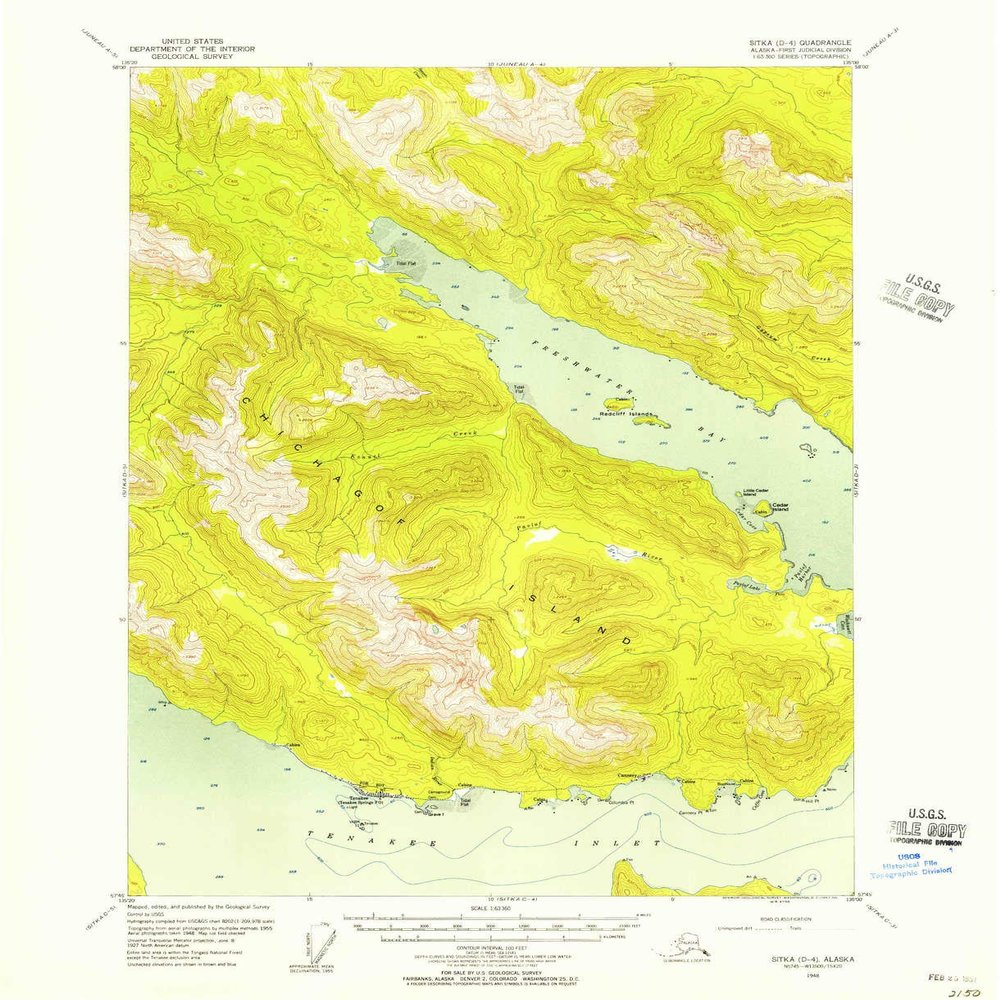 YellowMaps Sitka D 4 AK topo map, 1:63360 Scale, 15 X 15 Minute, Historical, 1948, Updated 1957, 20.9 x 17 in - Polypropylene