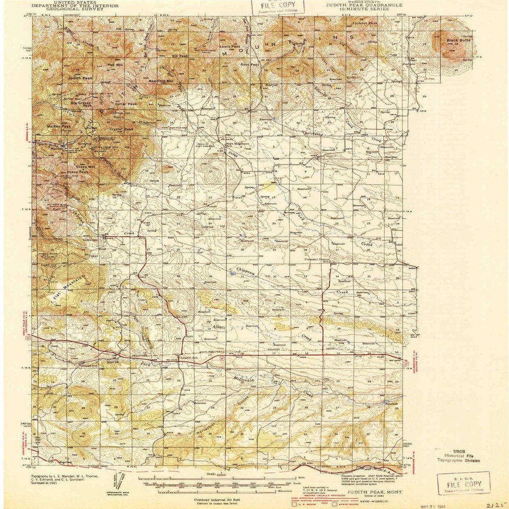 YellowMaps Judith Peak MT topo map, 1:62500 Scale, 15 X 15 Minute, Historical, 1944, 19.8 x 16.4 in - Tyvek