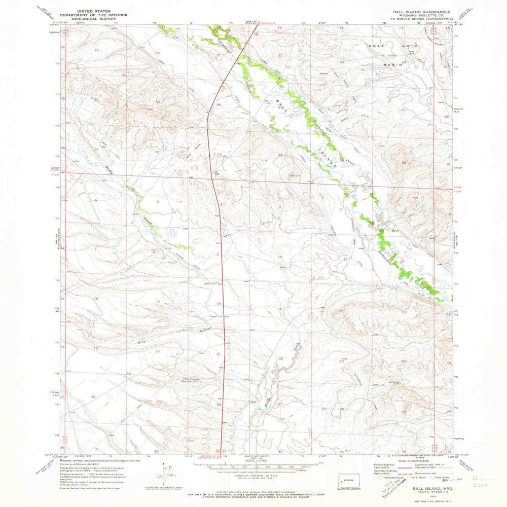 Ball Island WY topo map, 1:24000 Scale, 7.5 X 7.5 Minute, Historical, 1970, Updated 1973, 26.9 x 21.7 in - Polypropylene