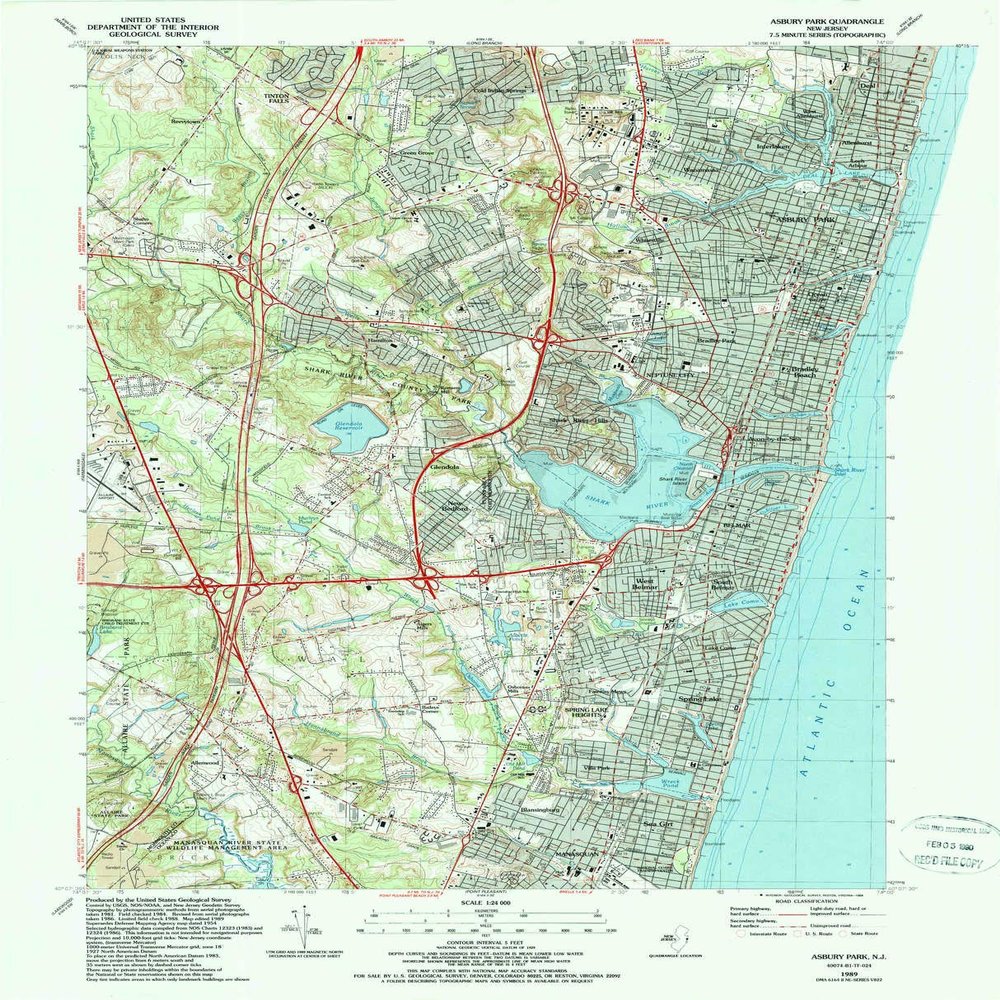 YellowMaps Asbury Park NJ topo map, 1:24000 Scale, 7.5 X 7.5 Minute, Historical, 1989, Updated 1989, 27 x 21.9 in - Polypropylene