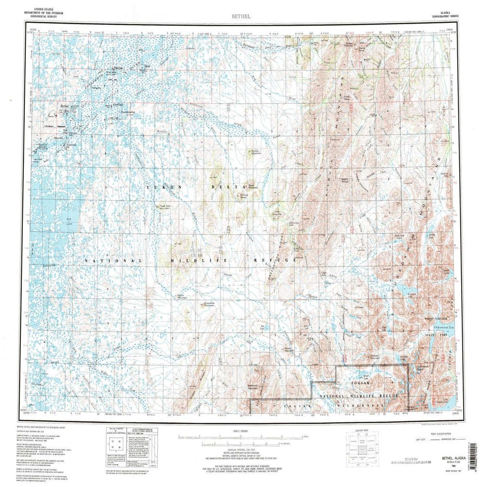 YellowMaps Bethel AK topo map, 1:250000 Scale, 1 X 3 Degree, Historical, 1980, Updated 1987, 22.6 x 29.9 in - Polypropylene