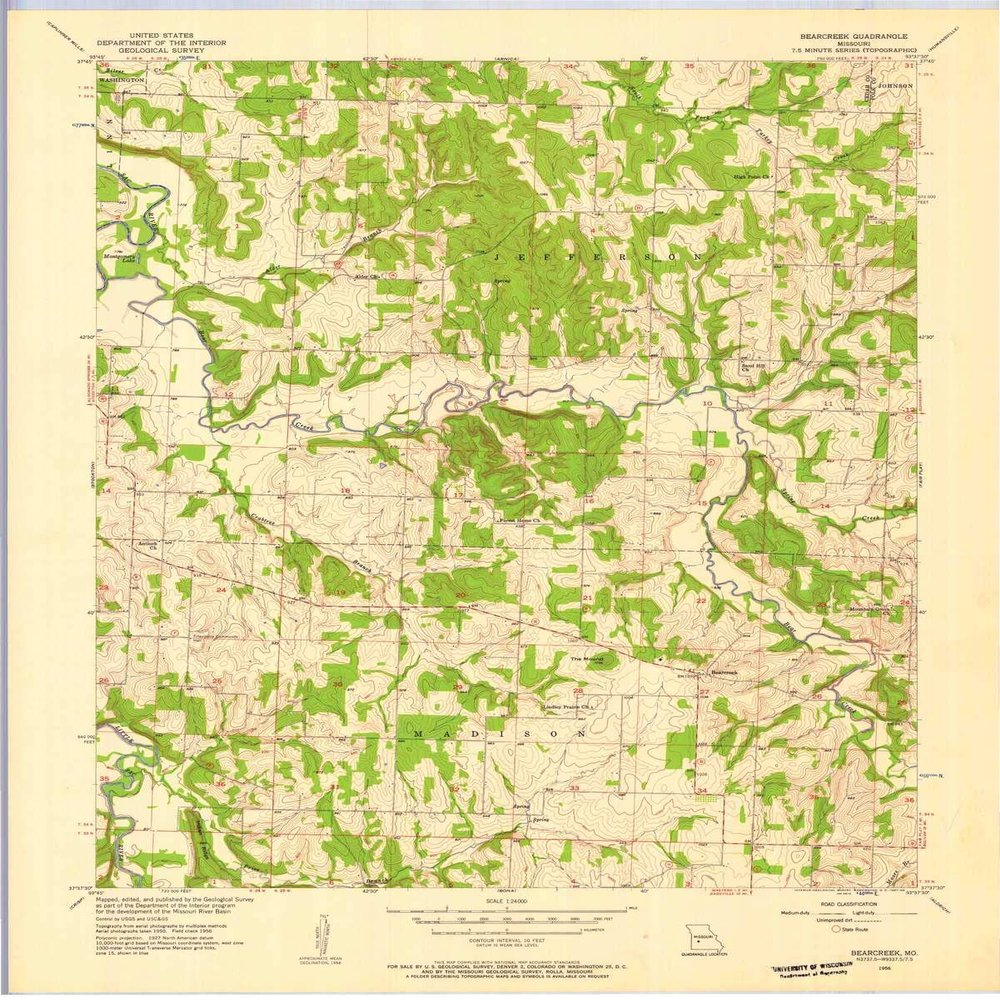 YellowMaps Bearcreek MO topo map, 1:24000 Scale, 7.5 X 7.5 Minute, Historical, 1956, Updated 1957, 27.5 x 22 in - Tyvek