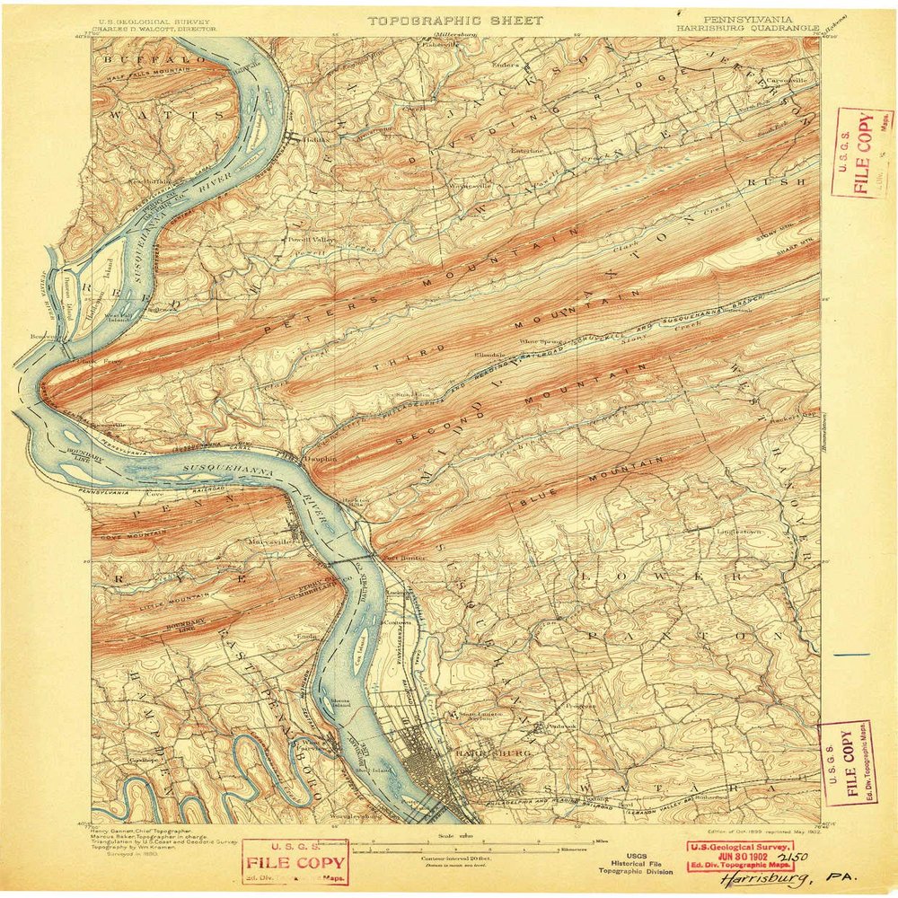 YellowMaps Harrisburg PA topo map, 1:62500 Scale, 15 X 15 Minute, Historical, 1899, Updated 1902, 20 x 16.5 in - Tyvek