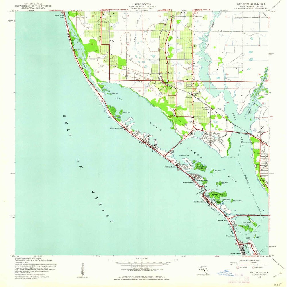 YellowMaps Bay Pines FL topo map, 1:24000 Scale, 7.5 X 7.5 Minute, Historical, 1943, Updated 1961, 26.75 x 22.93 in - Tyvek