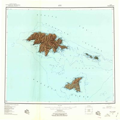 YellowMaps Attu AK topo map, 1:250000 Scale, 1 X 2 Degree, Historical, 1953, Updated 1959, 23 x 30.2 in - Polypropylene