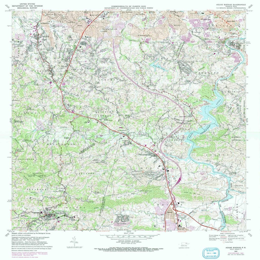 YellowMaps Aguas Buenas PR topo map, 1:20000 Scale, 7.5 X 7.5 Minute, Historical, 1969, Updated 1982, 32.3 x 28.9 in - Tyvek