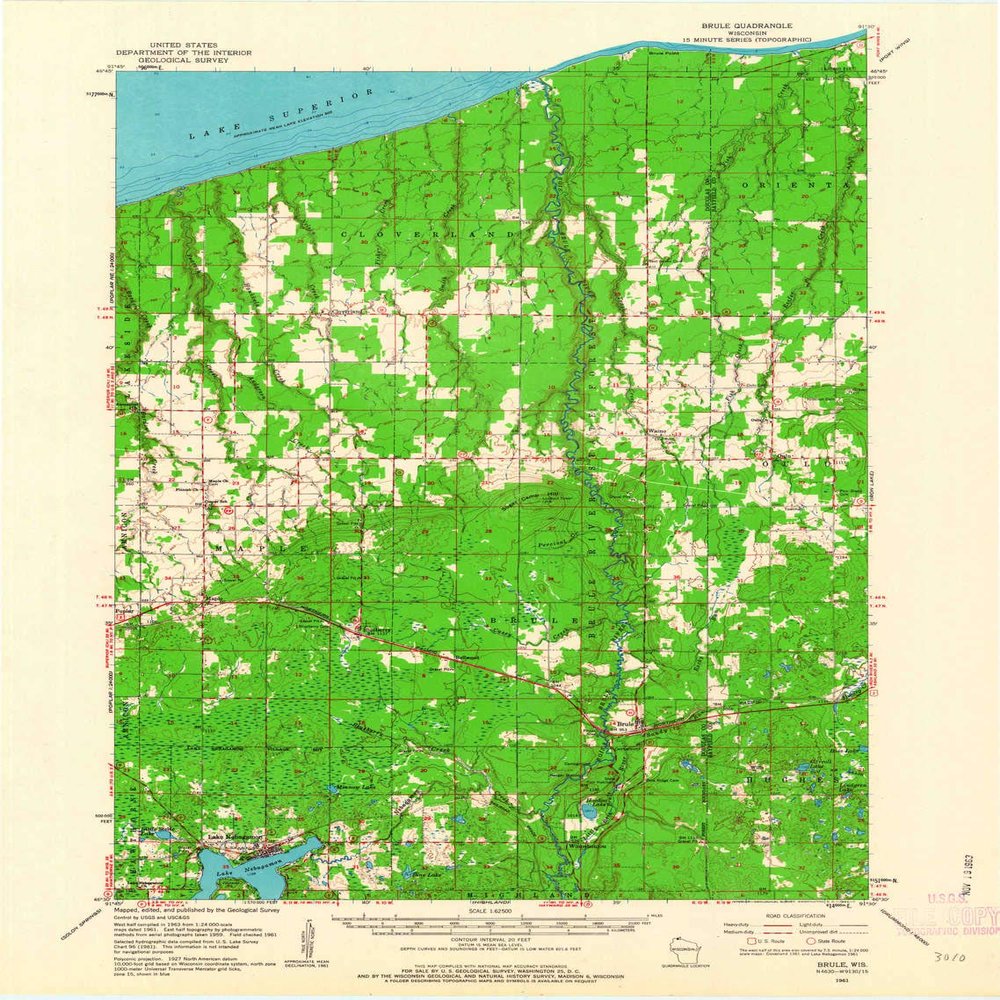 YellowMaps Brule WI topo map, 1:62500 Scale, 15 X 15 Minute, Historical, 1961, Updated 1963, 21.1 x 16 in - Tyvek