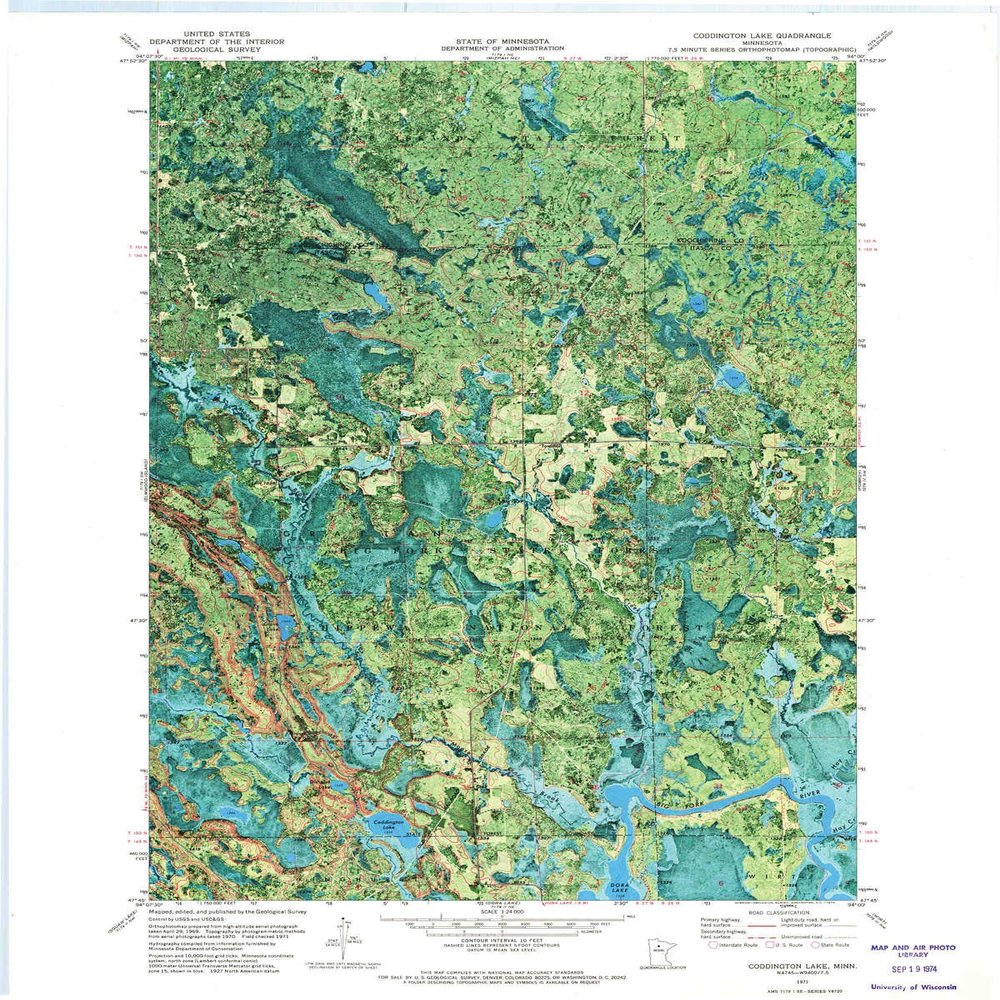 YellowMaps Coddington Lake MN topo map, 1:24000 Scale, 7.5 X 7.5 Minute, Historical, 1971, Updated 1974, 27.23 x 21.53 in - Polypropylene