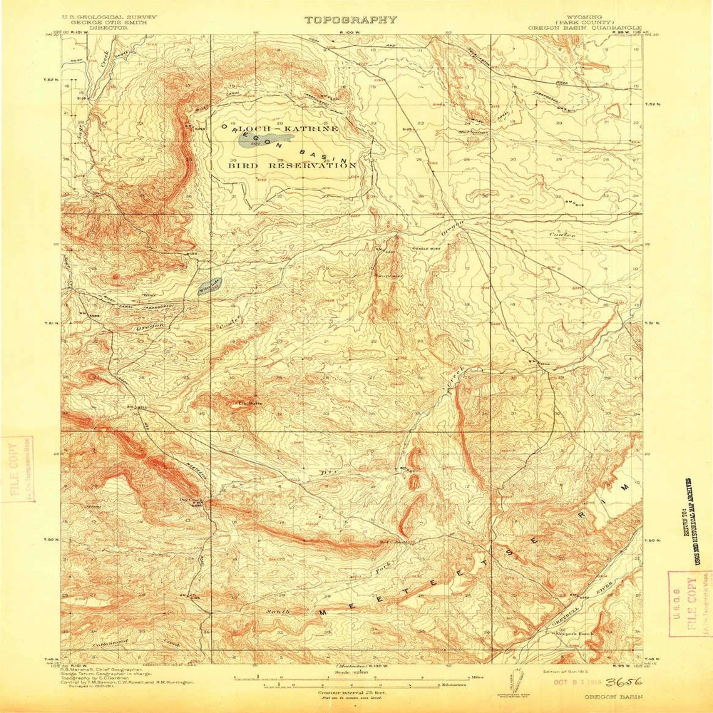 YellowMaps Oregon Basin WY topo map, 1:62500 Scale, 15 X 15 Minute, Historical, 1913, 19.8 x 15.4 in - Tyvek
