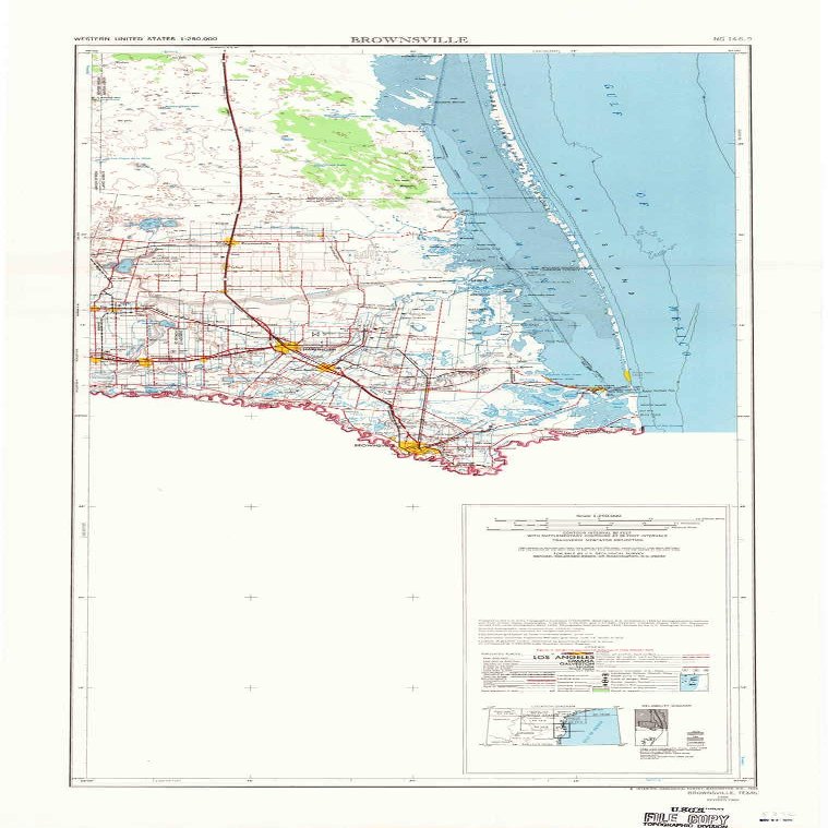 YellowMaps Brownsville TX topo map, 1:250000 Scale, 2 X 1 Degree, Historical, 1956, Updated 1969, 39.8 x 20.2 in - Polypropylene