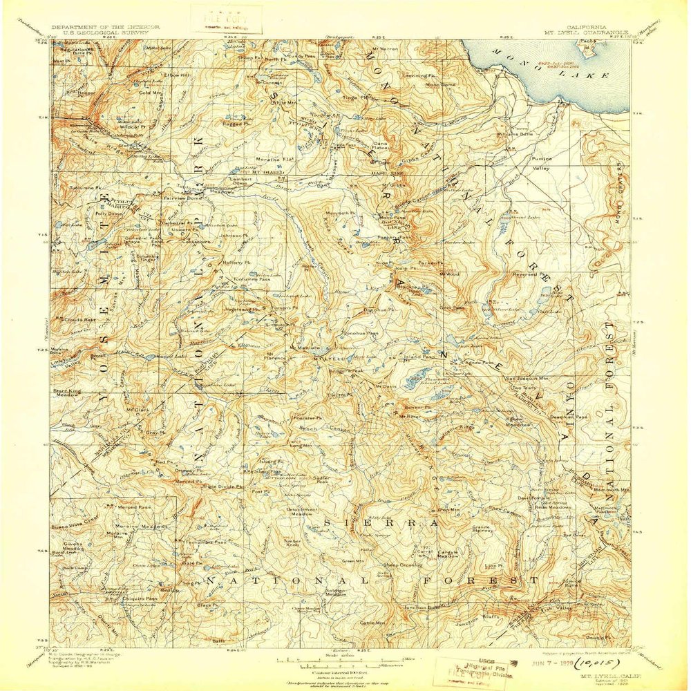 Mt Lyell CA topo map, 1:125000 Scale, 30 X 30 Minute, Historical, 1901, Updated 1929, 19.9 x 16.5 in - Tyvek